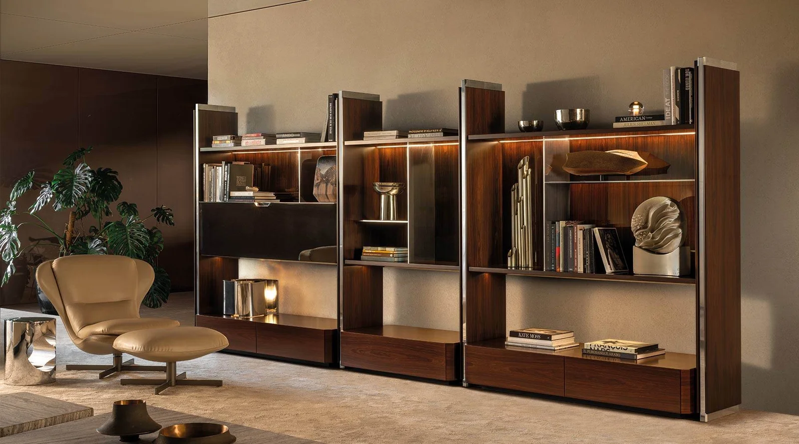 Kệ sách trang trí hệ modul mở đèn LED ánh đồng