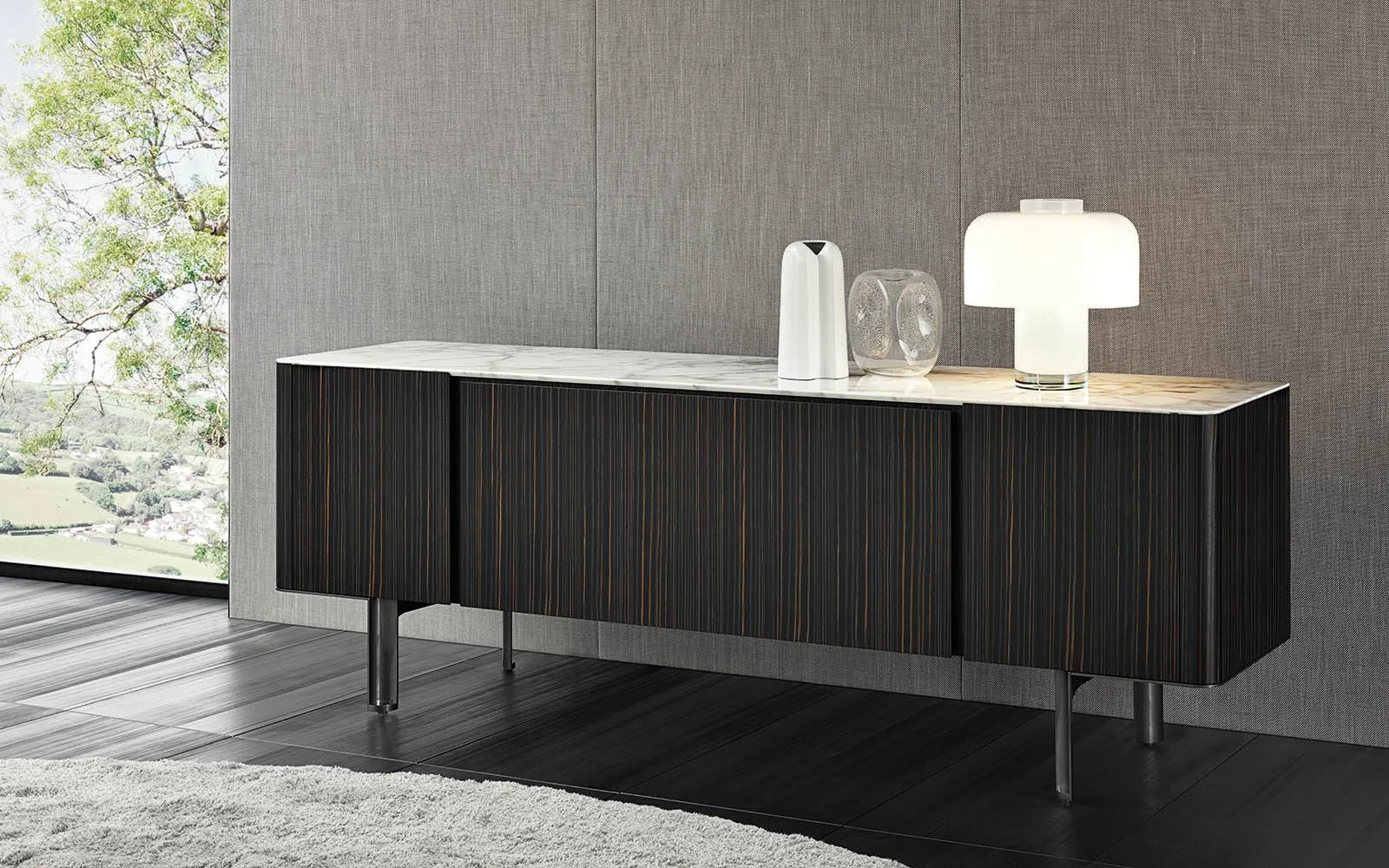 Tủ buffet sideboard tần bì chải mặt đá chân tròn lõm