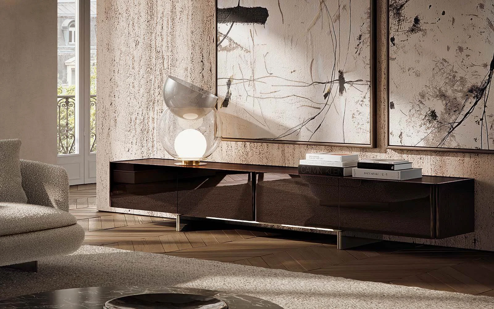 Tủ buffet sideboard chân đôi bo tròn mặt âm đá hoặc gỗ M8-I207