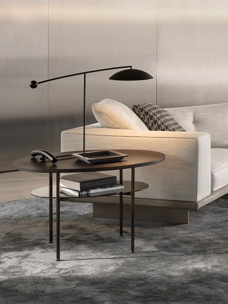 Bàn trà tròn oval khung ống đen mặt đá cẩm thạch