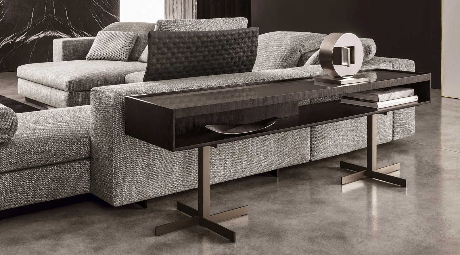 Bàn console hộp kệ mở gỗ sồi mocha đế kim loại bronze M8-I360