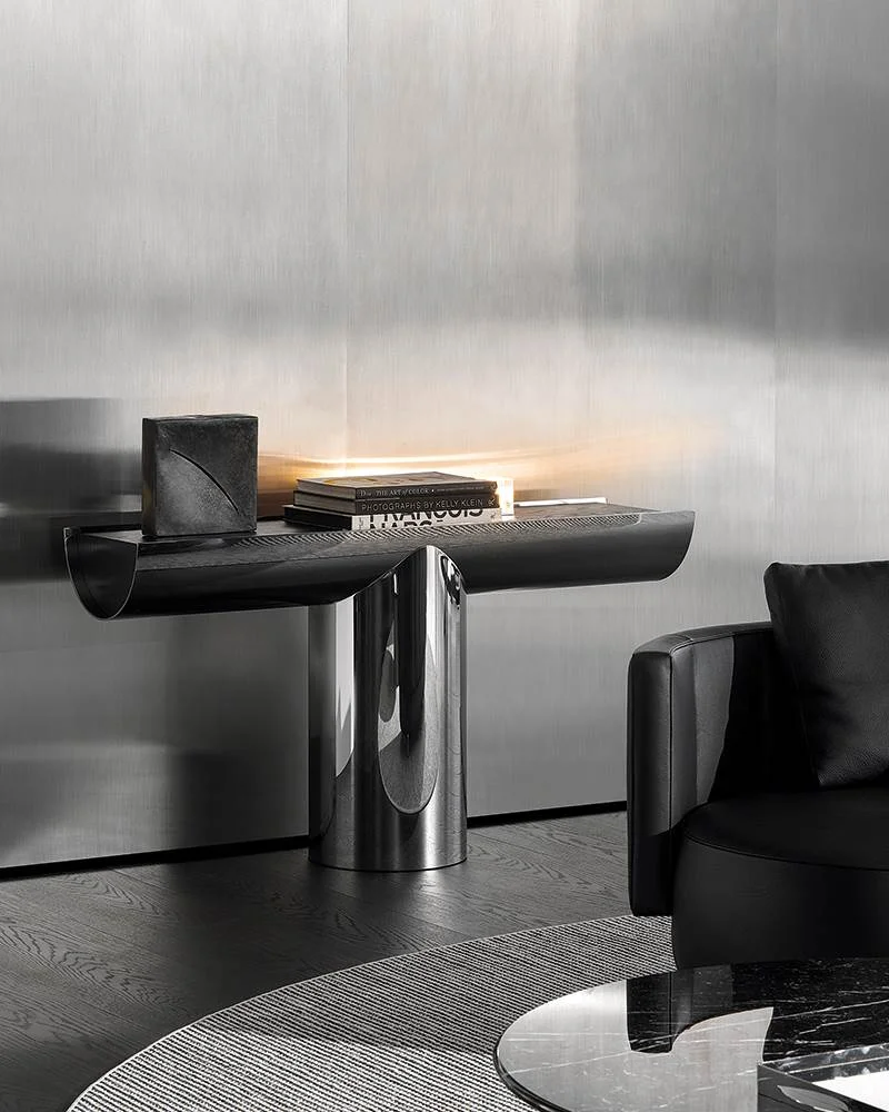 Bàn console thép bóng nửa trụ rỗng mặt gỗ tần bì chải M8-I367