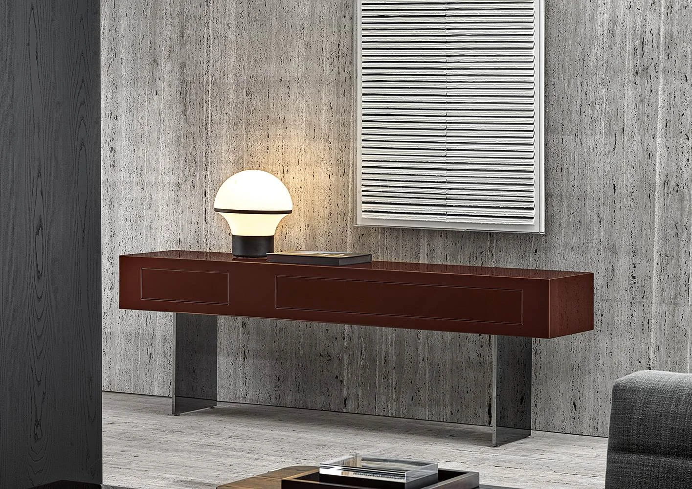 Bàn console khối vuông chân thép lá niken đen M8-I368