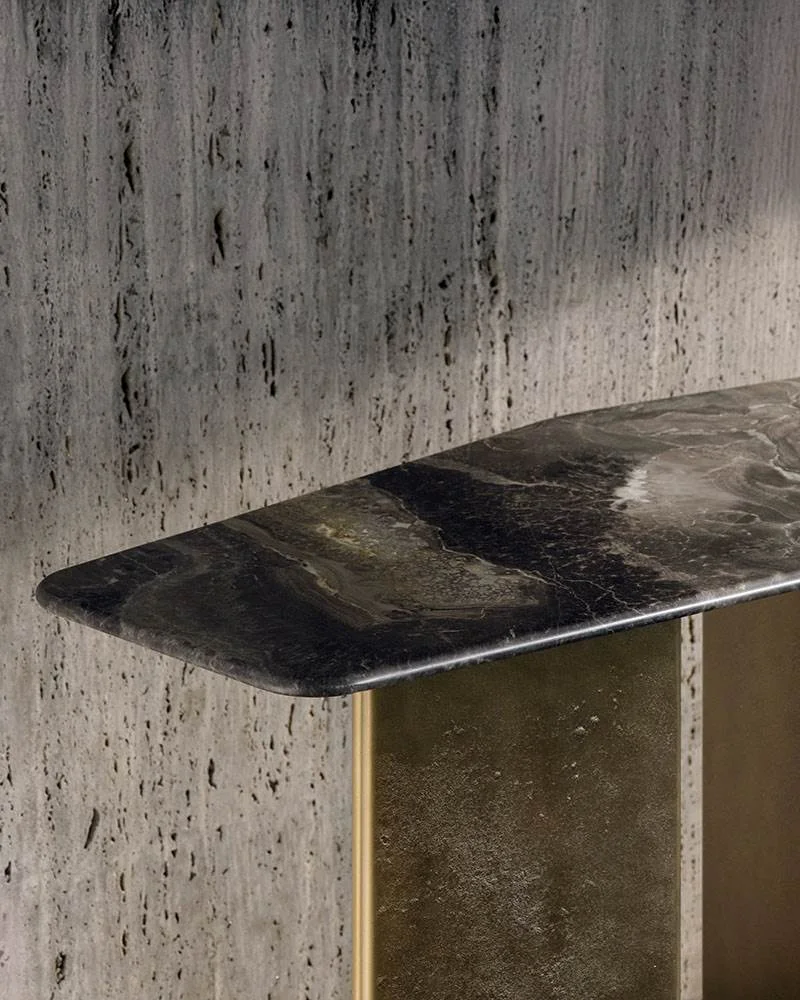 Bàn console mặt đá bất đối xứng, chân nhôm đôi mạ crôm M8-I369