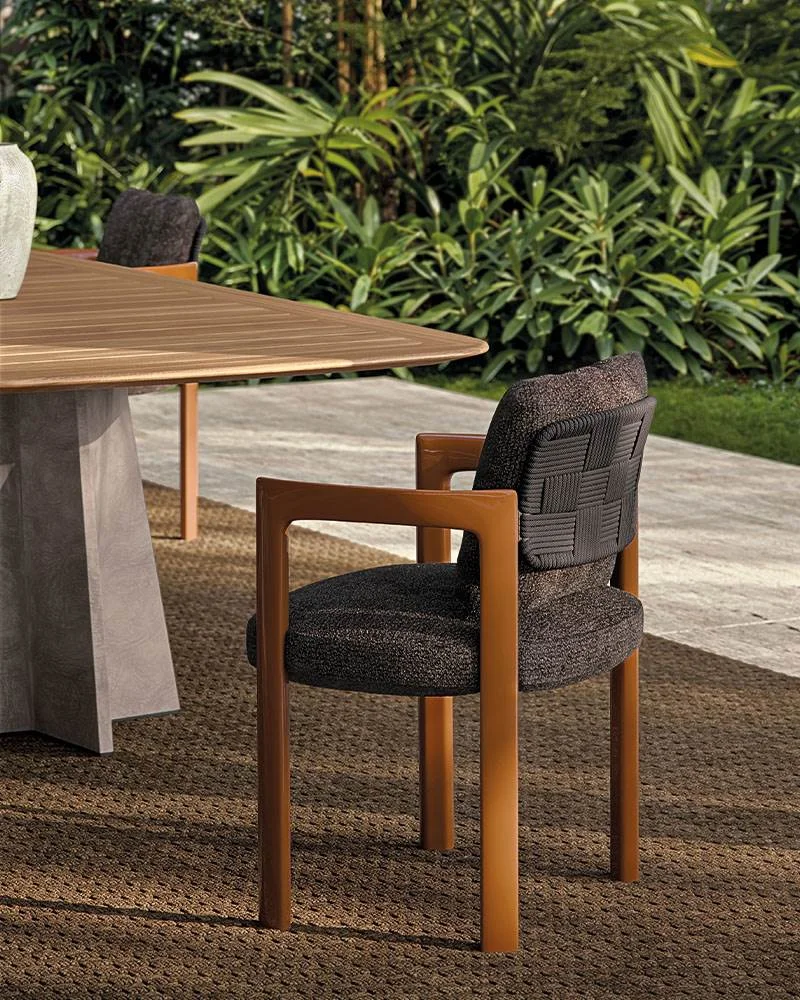 Ghế ngoài trời lưng đan dây ô vuông, khung gỗ teak M8-I394