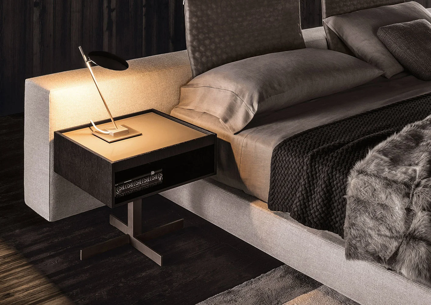 Tủ đầu giường chân chữ thập đồng satin, khay rút hai mặt M8-I434