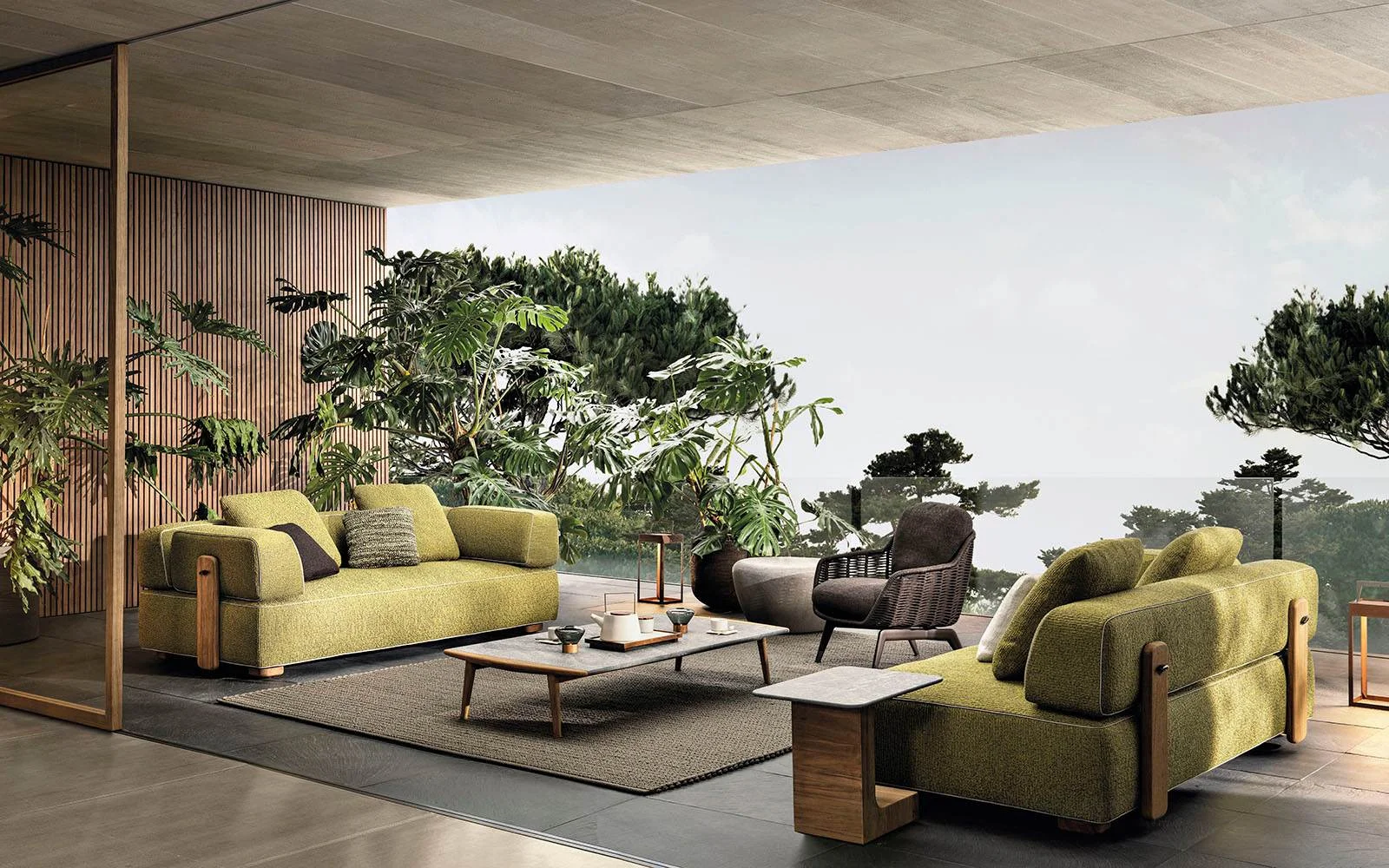 Sofa ngoài trời modul viền da chân gỗ iroko hoặc teak