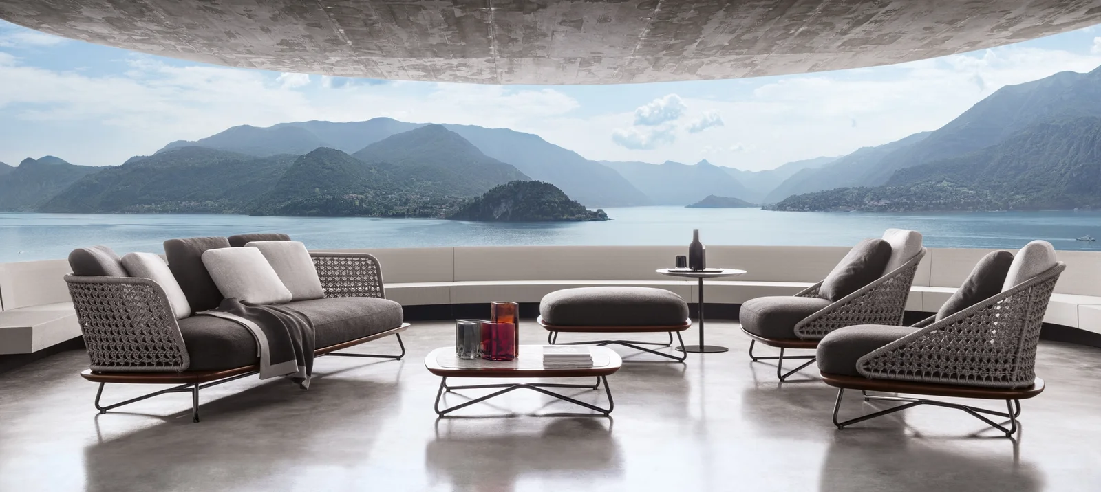 Sofa ngoài trời gỗ iroko lưng dệt kiểu đan mây hoài cổ M8-I549