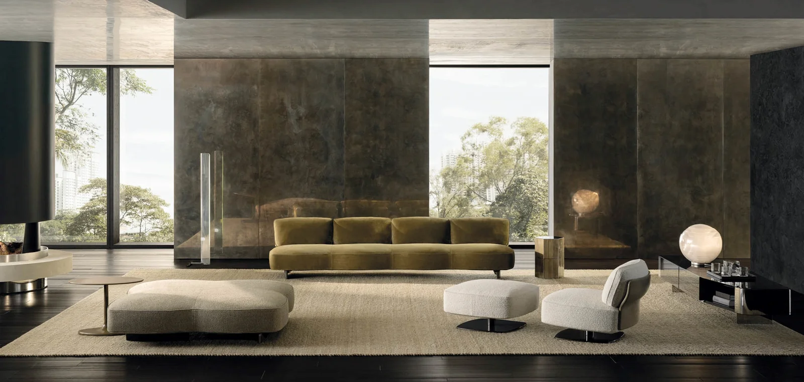 Sofa tấm đỡ lưng cánh hoa sơn bóng hoặc bọc, đảo ngồi M8-I553