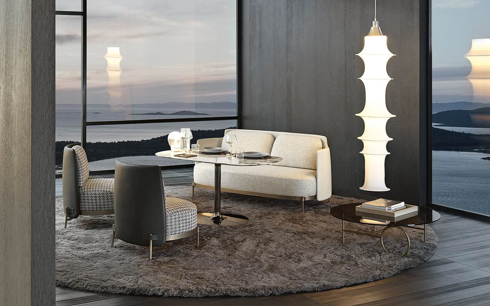 Sofa vỏ cong chân kim loại màu đồng đặt ngoài thân M8-I563