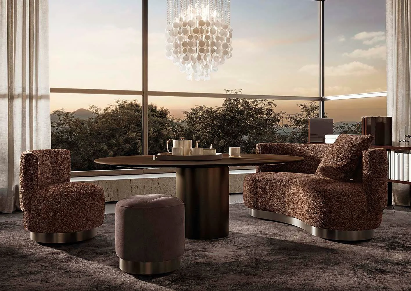 Sofa cong tròn kèm ghế bành nhỏ xoay và đôn M8-I575