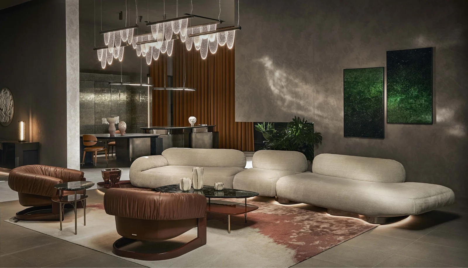 Sofa cong dáng hữu cơ bọc da, đế thép satin