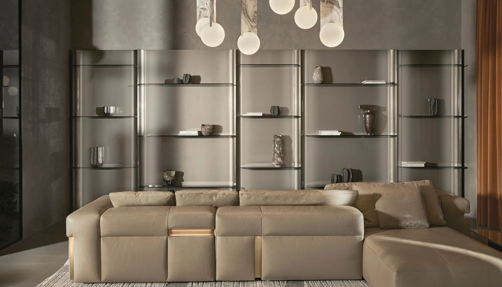 Sofa modul bọc da ghép mảng hình học, đèn LED dịu