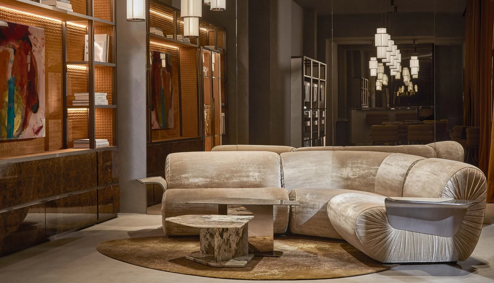 Sofa modul bọc xếp ly, viền da tương phản