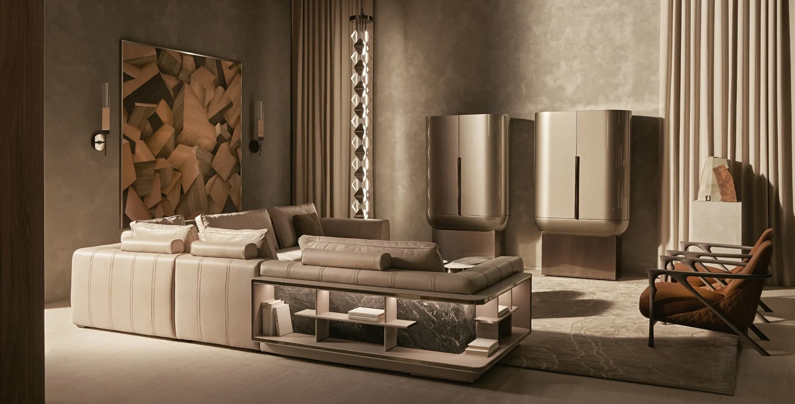 Sofa sọc đứng, gối lông vũ, kệ sách đèn LED