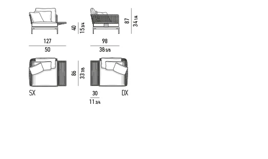 Ghế bành thư giãn modul ngoài trời nhôm đùn lưng bọc dây - Module ghế bành có khay 127 cm, mô-đun chỗ ngồi 90 cm