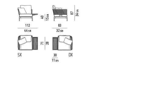 Ghế bành thư giãn modul ngoài trời nhôm đùn lưng bọc dây - Module ghế bành có khay 112 cm, mô-đun chỗ ngồi 75 cm