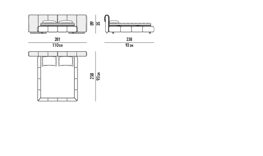 Giường ngủ đầu giường mảnh bọc dải đôi chần liền mạch - Giường 281x238 cm, cao 89 cm