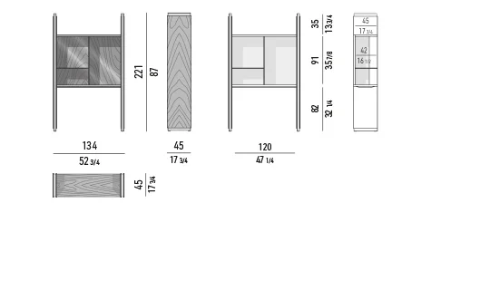 Kệ sách trang trí hệ modul mở đèn LED ánh đồng - Modul B 134x45 cm, cao 221 cm