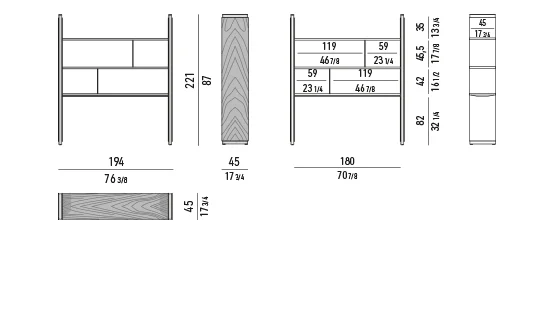 Kệ sách trang trí hệ modul mở đèn LED ánh đồng - Modul E 194x45 cm, cao 221 cm