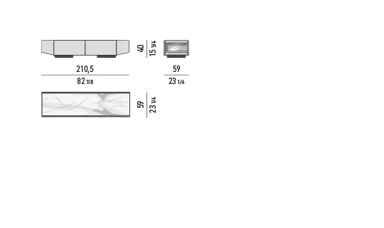 Kệ sách trang trí hình thang chân đĩa thép không gỉ - Tủ ngang phòng khách mặt đá 210,5x59 cm, cao 40 cm