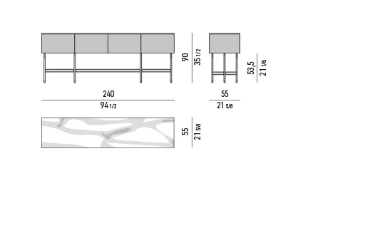 Kệ sách trang trí chân thanh mảnh mặt đá mỏng - Tủ phòng ăn 240x55 cm, cao 90 cm