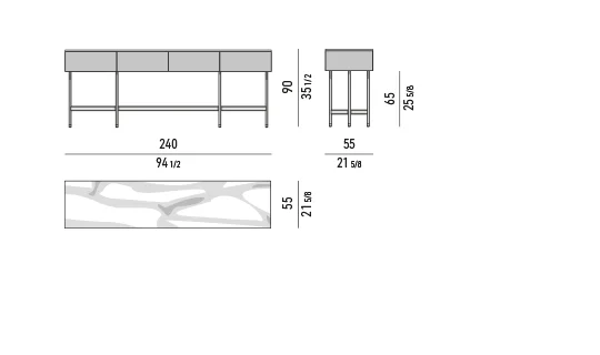 Kệ sách trang trí chân thanh mảnh mặt đá mỏng - Tủ phòng khách 240x55 cm, cao 90 cm