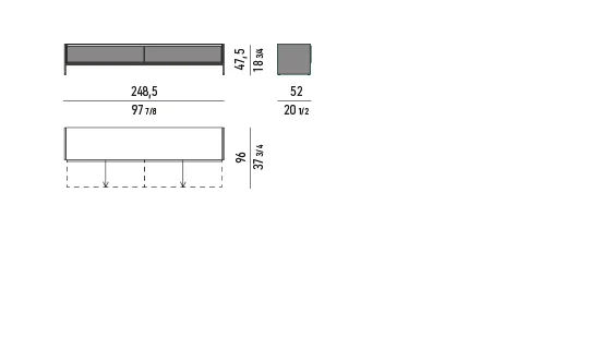 Kệ sách trang trí tủ thấp ngăn kéo lớn chân ván gỗ - Tủ ngang phòng khách bản cao 248,5x52 cm, cao 47,5 cm