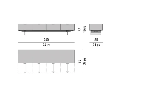 Kệ sách trang trí tủ nhiều ngăn kéo chân lưỡi kim loại - Tủ phòng khách 240x55 cm, cao 47 cm, 4 ngăn lớn - mẫu B