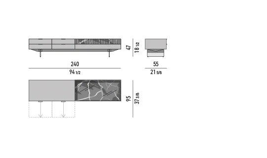 Kệ sách trang trí tủ nhiều ngăn kéo chân lưỡi kim loại - Tủ phòng khách 240x55 cm, cao 47 cm, 4 ngăn nhỏ và khối đá - mẫu D