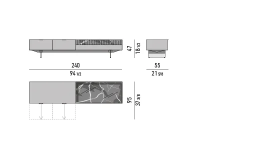 Kệ sách trang trí tủ nhiều ngăn kéo chân lưỡi kim loại - Tủ phòng khách 240x55 cm, cao 47 cm, 2 ngăn lớn và khối đá - mẫu E
