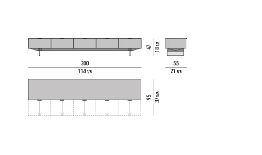 Kệ sách trang trí tủ nhiều ngăn kéo chân lưỡi kim loại - Tủ phòng khách 300x55 cm, cao 47 cm, 5 ngăn lớn - mẫu F