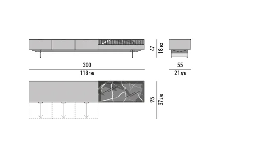 Kệ sách trang trí tủ nhiều ngăn kéo chân lưỡi kim loại - Tủ phòng khách 300x55 cm, cao 47 cm, 3 ngăn lớn và khối đá - mẫu G