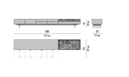 Kệ sách trang trí tủ nhiều ngăn kéo chân lưỡi kim loại - Tủ phòng khách 360x55 cm, cao 47 cm, 2 ngăn lớn, 4 ngăn nhỏ và khối đá - mẫu H