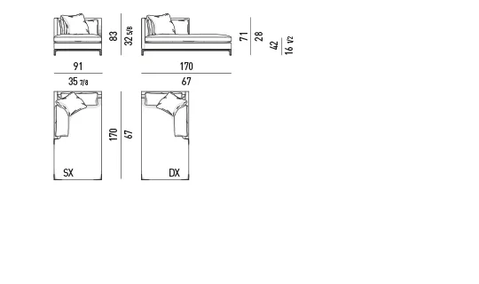 Ghế nằm thư giãn chaise longue bọc lông vũ chân nhôm đúc - Ghế ngồi cao 42 cm - mã C