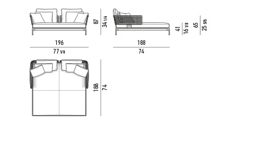 Ghế nằm thư giãn chaise longue đôi ngoài trời khung nhôm - Giường nằm đôi 196 cm - module ngồi 90 cm