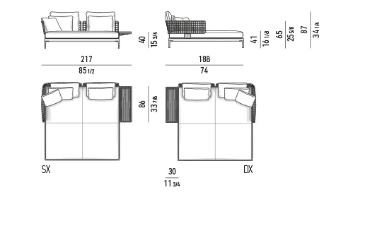 Ghế nằm thư giãn chaise longue đôi ngoài trời khung nhôm - Giường nằm đôi kèm khay 217 cm - module ngồi 90 cm