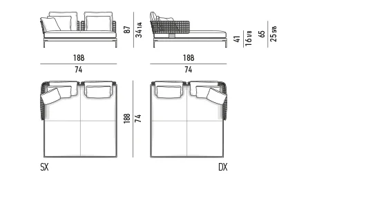 Ghế nằm thư giãn chaise longue đôi ngoài trời khung nhôm - Giường nằm đôi một tay vịn 188 cm - module ngồi 90 cm