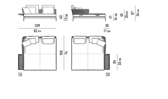 Ghế nằm thư giãn chaise longue đôi ngoài trời khung nhôm - Giường nằm đôi một tay vịn kèm khay 209 cm - module ngồi 90 cm
