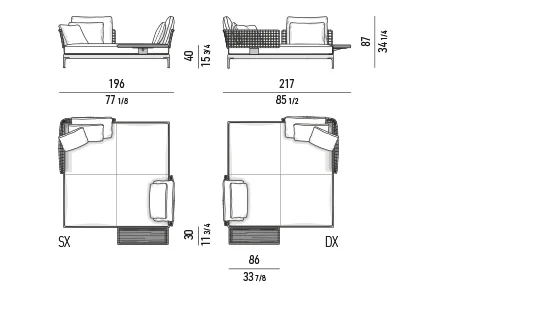 Ghế nằm thư giãn chaise longue đôi ngoài trời khung nhôm - Đảo đối diện kèm khay 196 cm - module ngồi 90 cm