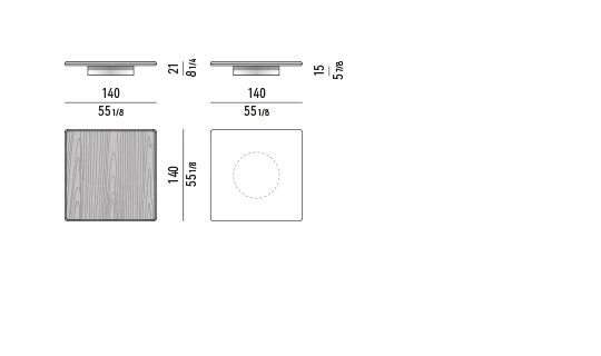 Bàn trà vuông thấp mặt gỗ tần bì hoặc óc chó - Bàn trà 140x140 cm, cao 21 cm - mặt óc chó