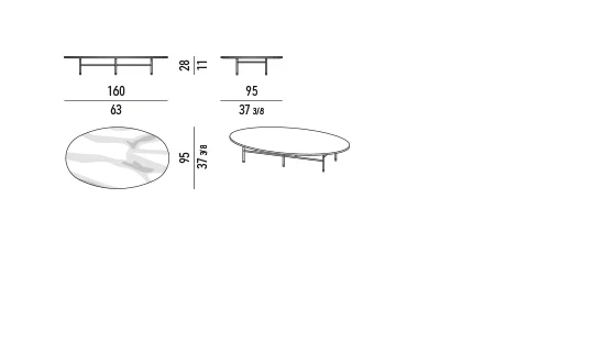 Bàn trà tròn oval khung ống đen mặt đá cẩm thạch -