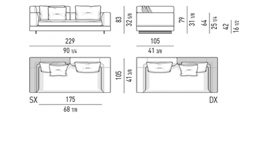 Sofa modul lưng cao thấp phối góc vuông và cong mềm - Sofa lưng phối cao thấp 229 cm