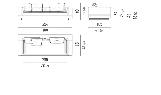 Sofa modul lưng cao thấp phối góc vuông và cong mềm - Sofa lưng thấp 254 cm