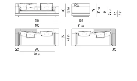 Sofa modul lưng cao thấp phối góc vuông và cong mềm - Sofa lưng phối cao thấp 254 cm
