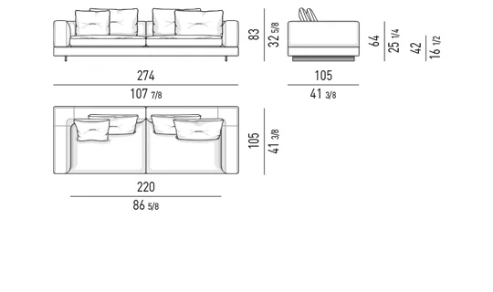 Sofa modul lưng cao thấp phối góc vuông và cong mềm - Sofa lưng thấp 274 cm