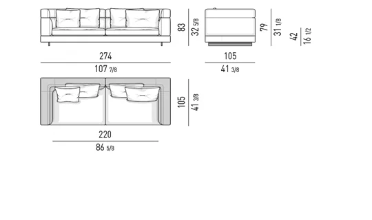 Sofa modul lưng cao thấp phối góc vuông và cong mềm - Sofa lưng cao 274 cm