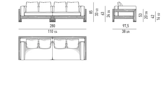 Sofa ngoài trời khung gỗ iroko nâu sẫm bệ nhôm - Sofa 280 cm