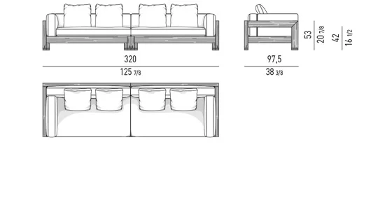 Sofa ngoài trời khung gỗ iroko nâu sẫm bệ nhôm - Sofa 320 cm