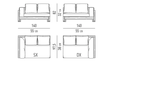 Sofa ngoài trời khung gỗ iroko dáng vuông vức tinh gọn - Modul một tay vịn 140 cm